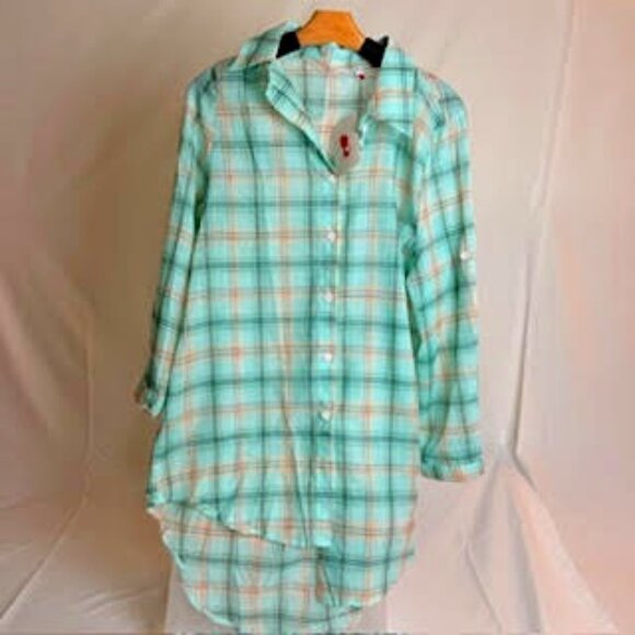 Plaid Button-Down Shirt Mint Green, Roll Tab Sleeves, NWT, Size L - Picture 2 of 7